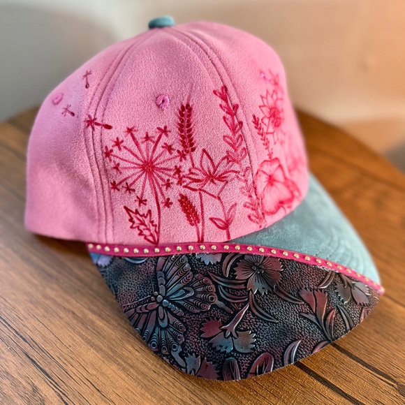 Hand Burned Baseball Cap with Butterfly Tooled Leather, Burned Wildflower Hat - Picture 1 of 3